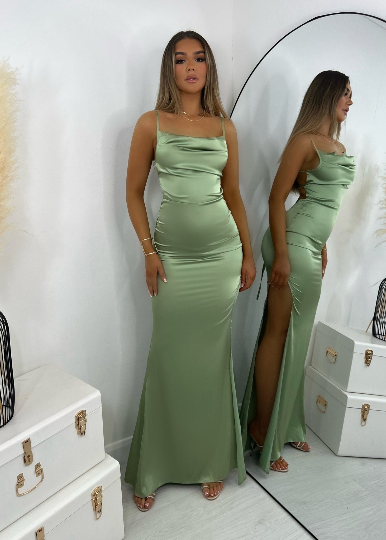 Tiana Mint Satin Split Gown | Bridesmaid Dress | Dressmezee Dressmezee Tiana Mint Satin Split Gown | Bridesmaid Dress | Dressmezee Dressmezee