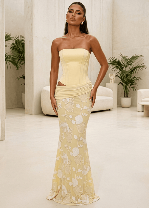Impossible Desire Corset Embellished Maxi Dress - Yellow - Dressmezee