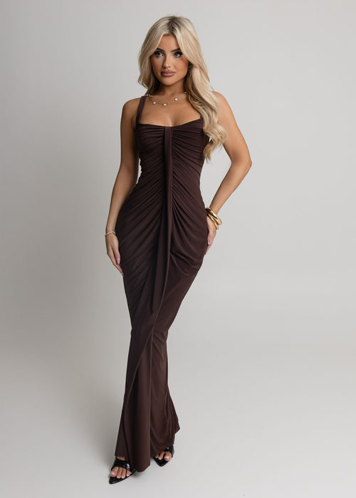 Women's chocolate brown maxi dress with ruching down the centre of dress and figure hugging fit. Model is 5ft7' and wears a size S 8
