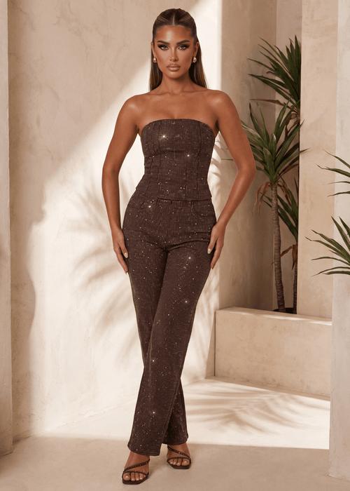 Inner Sparkle Embellished Diamante Jeans - Brown - Dressmezee