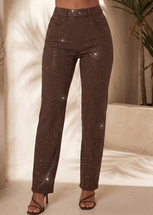 Inner Sparkle Embellished Diamante Jeans - Brown - Dressmezee