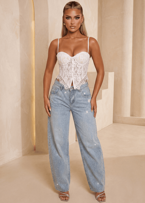 End Of An Era Lace Trim Barrel Denim Jeans - Blue - Dressmezee
