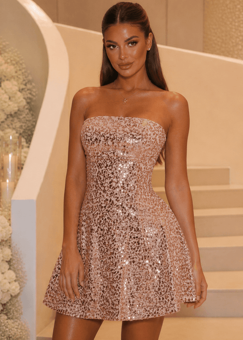 Keeping Secrets Strapless Mini Dress - Gold - Dressmezee