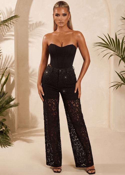 Need A Reason Lace Panel Sparkle Jeans - Black - Dressmezee