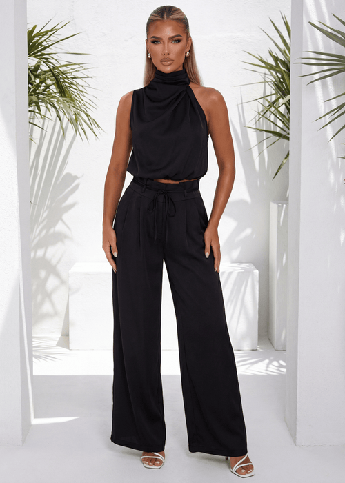 Lip Service Satin Top and Trouser Two Piece - Black - Dressmezee