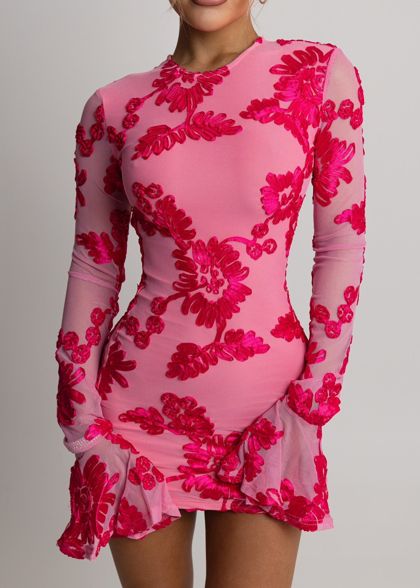 Locked In Heaven Pink Long Sleeve Embroidered Mesh Mini Dress | Dressmezee Dressmezee Locked In Heaven Pink Long Sleeve Embroidered Mesh Mini Dress | Dressmezee Dressmezee