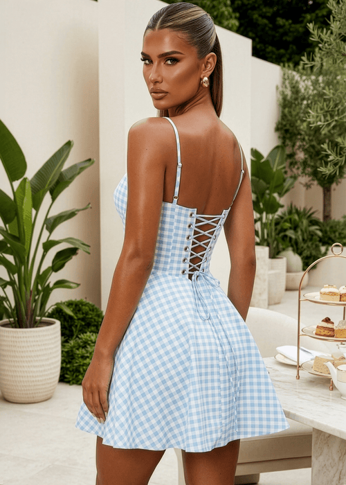 Meadow Muse Corset Gingham Mini Dress - Blue - Dressmezee