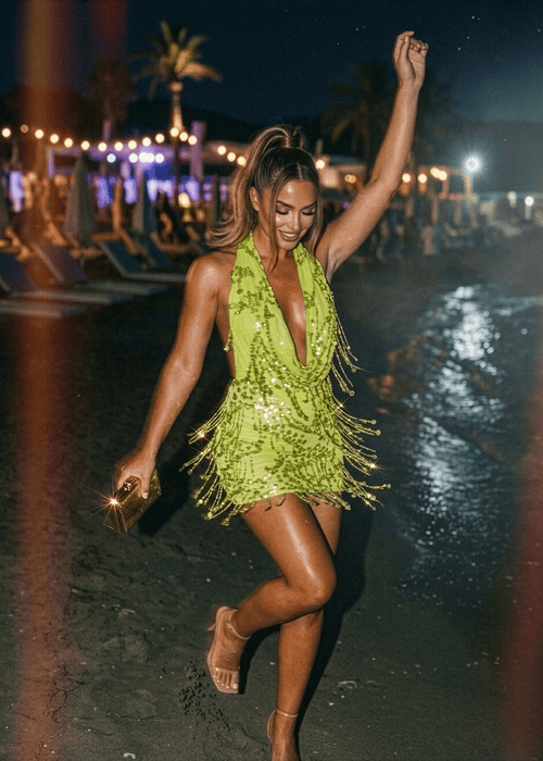 tassel dress green Herve Leger Green Fringe Dress by Herve Leger