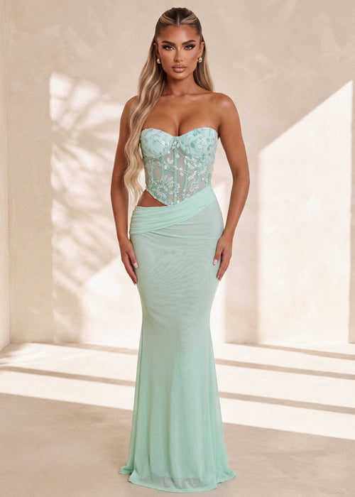 Ocean Eyes Embellished Corset Cut Out Maxi Dress - Mint - Dressmezee
