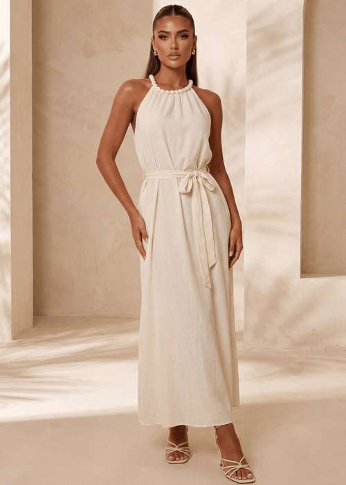 One More Day Floaty Tie Detail Maxi Dress - Beige - Dressmezee