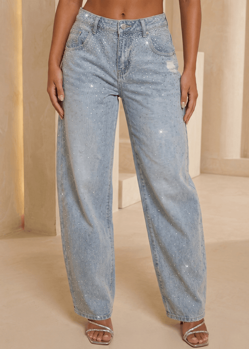 End Of An Era Lace Trim Barrel Denim Jeans - Blue - Dressmezee