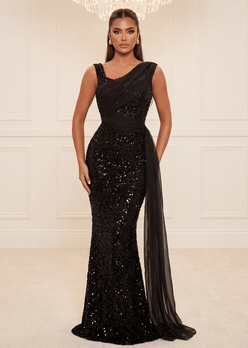 Prestige Hour Sequin Drape Gown - Black - Dressmezee