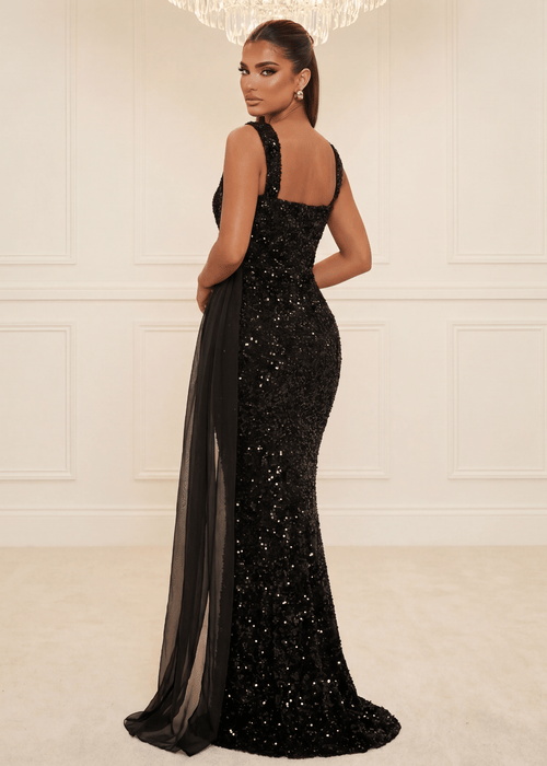 Prestige Hour Sequin Drape Gown - Black - Dressmezee