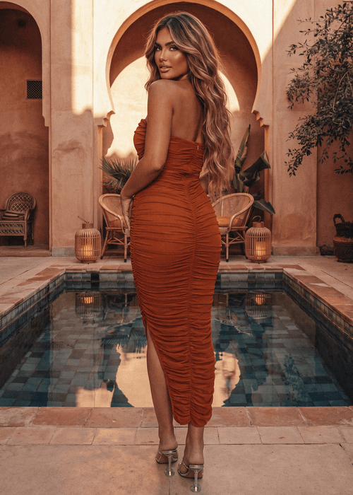 Pretty Moment Ruched Midi Dress - Burnt Orange