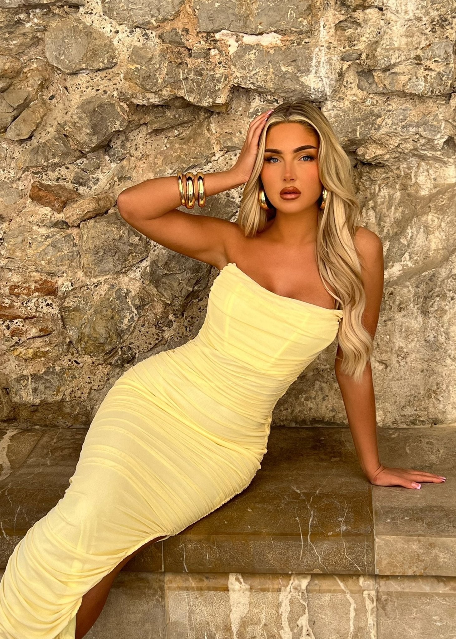 Pretty Moment Ruched Midi Dress - Pastel Yellow | DressMeZee Dressmezee Pretty Moment Ruched Midi Dress - Pastel Yellow | DressMeZee Dressmezee
