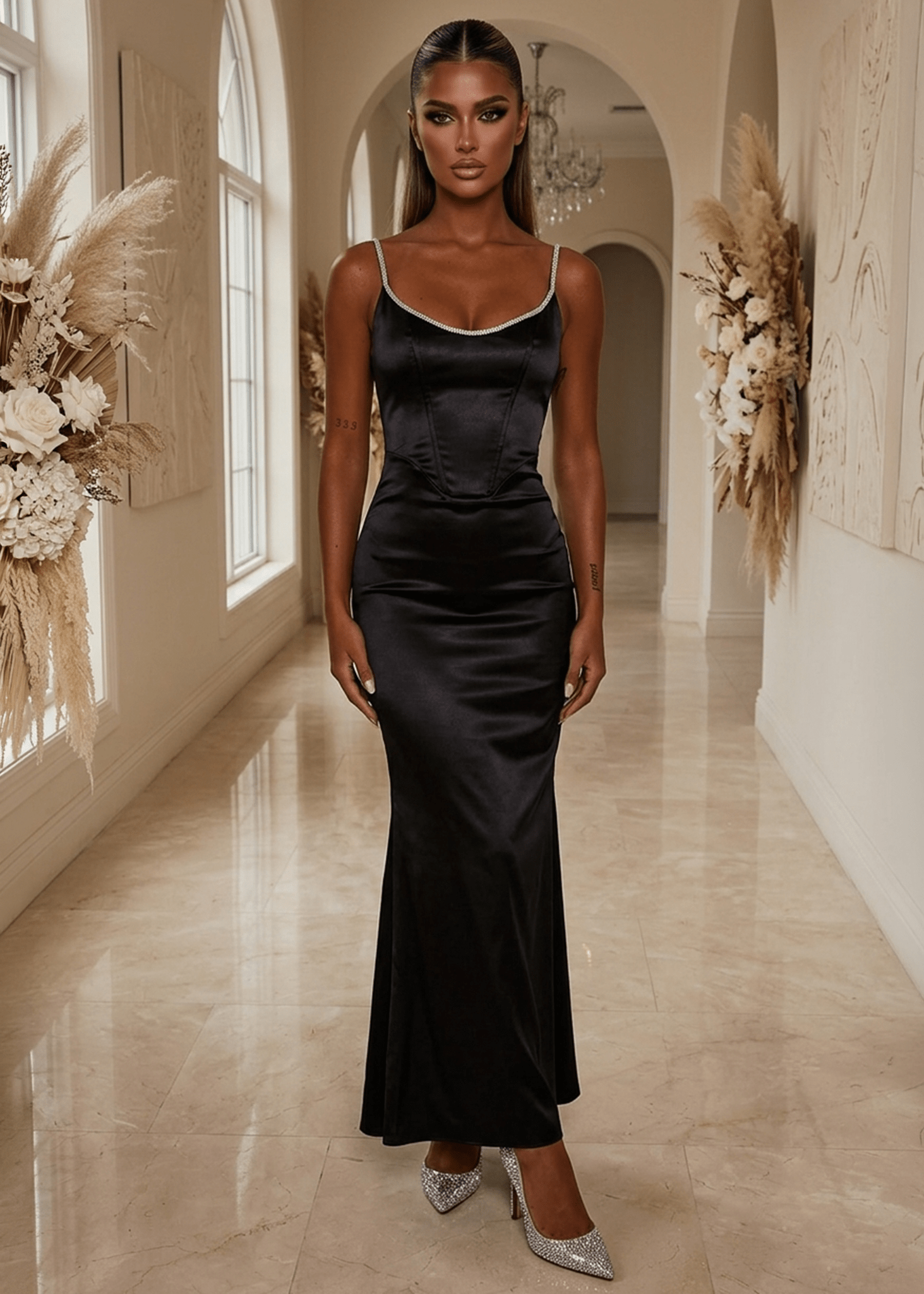 Black Bow Satin Maxi Gown | Fishtail | Dressmezee Dressmezee Black Bow Satin Maxi Gown | Fishtail | Dressmezee Dressmezee