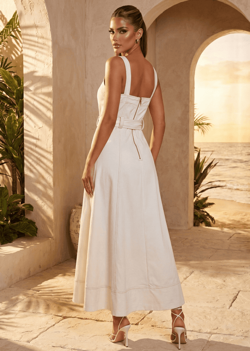 Rich Thoughts Denim Maxi Dress - White - Dressmezee