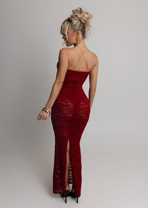 Women's wine lace maxi dress with strapless neckline, built in balconette cups and sheer lace skirt. 