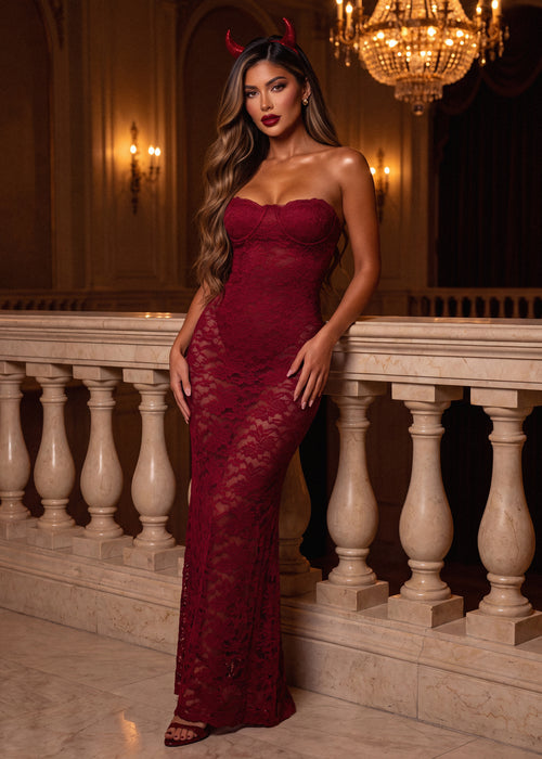 Rumour Has It – Maxikleid aus transparenter Spitze – Weinrot