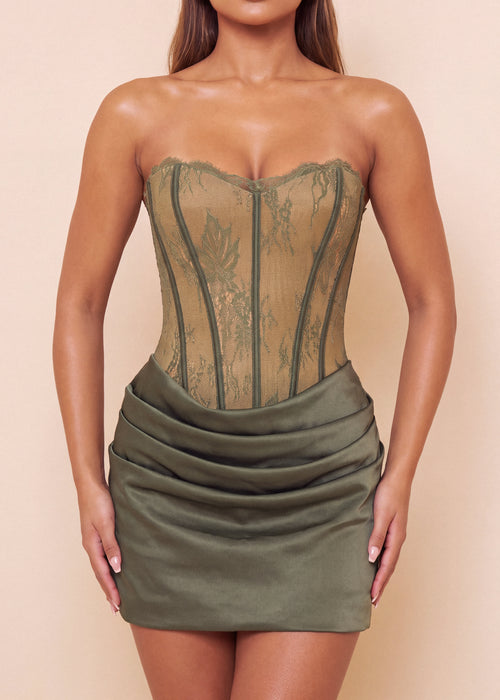 Secret Garden Lace Corset Mini Dress - Olive Green - Dressmezee