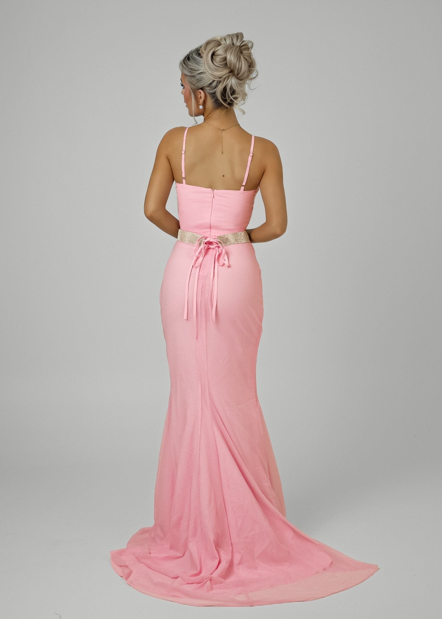 Pink Secret Love Glitter Mesh Gown with Diamante Belt - DressMeZee Dressmezee Pink Secret Love Glitter Mesh Gown with Diamante Belt - DressMeZee Dressmezee