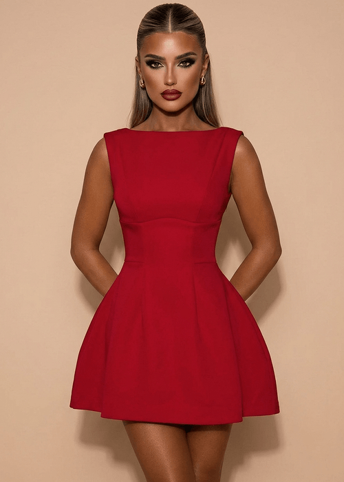 Serene Halo Structured Mini Dress - Red - Dressmezee