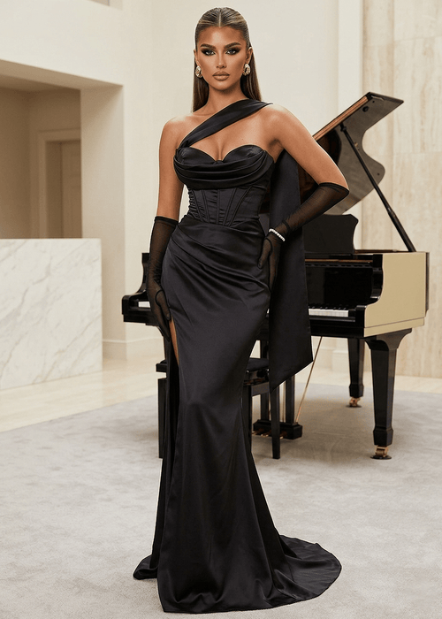 Shadowed Beauty Satin Gown with Neck Scarf - Black - Dressmezee