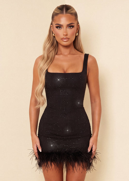 Silent Heartbeat Feather Detail Mini Dress - Black