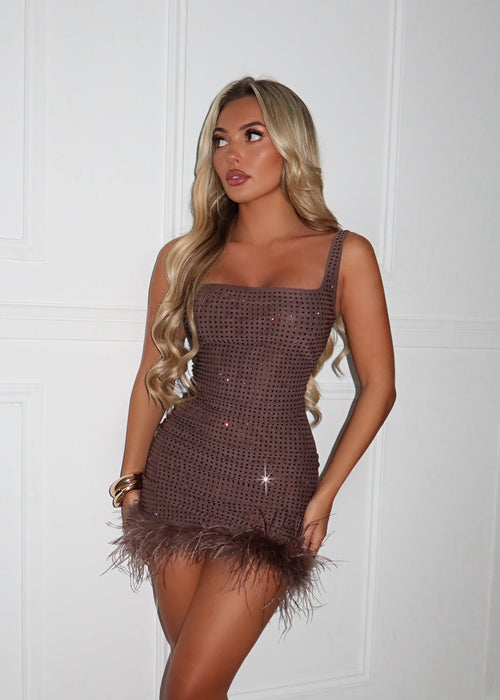 Women's brown hot fix mini dress with brown hot fix sparkly gems and a brown feather trim. Square neckline and bodycon fit. 