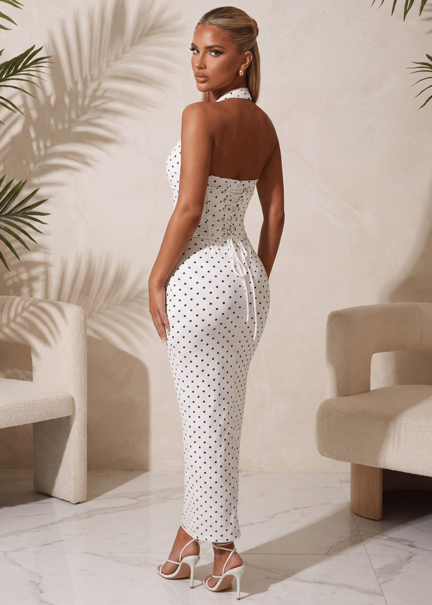 Soft Spot Polka Dot Maxi Dress | Halterneck Corset Dress