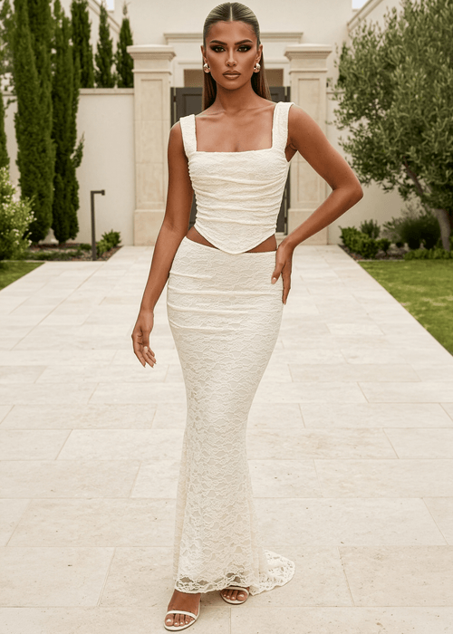 Sunset Evening Lace Two Piece - Cream Elegance | DressMeZee Dressmezee Sunset Evening Lace Two Piece - Cream Elegance | DressMeZee Dressmezee