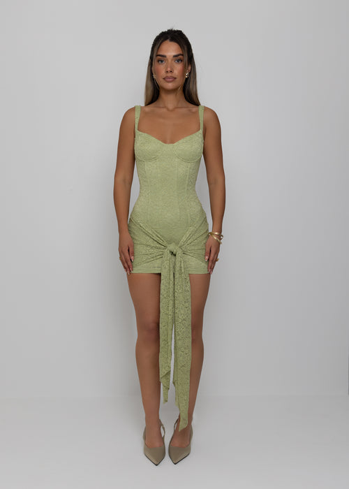 Sweet Like Matcha Lace Tie Detail Mini Dress - Green