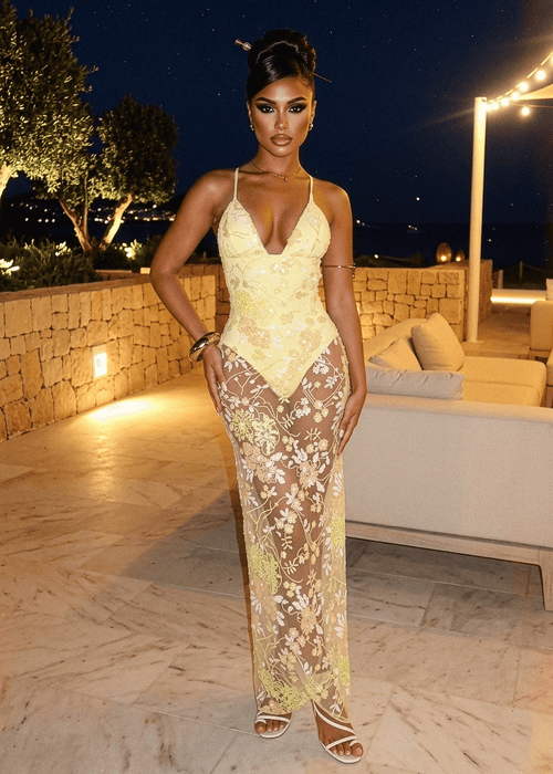 Sweetest Soul Floral Embellished Maxi Dress - Yellow - Dressmezee