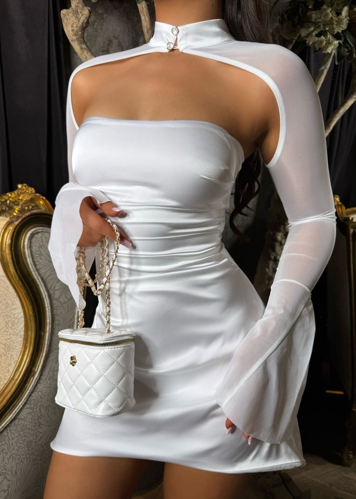 long sleeve white satin mini dress Sweetest Sin Satin Mini Dress with Detachable Sleeves