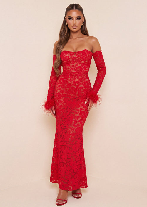 True Desire Lace Long Sleeve Maxi Dress - Red - Dressmezee