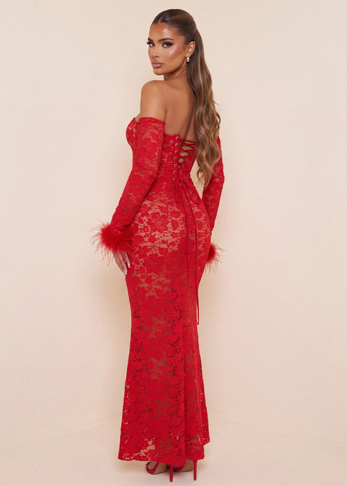 True Desire Lace Long Sleeve Maxi Dress - Red - Dressmezee