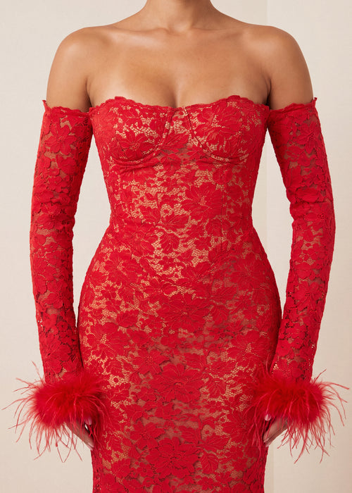True Desire Lace Long Sleeve Maxi Dress - Red - Dressmezee