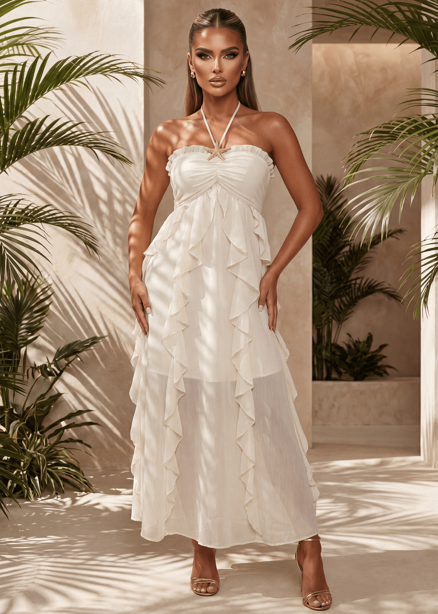white ruffle long dress Waste Your Heart Ivory Ruffle Maxi Dress