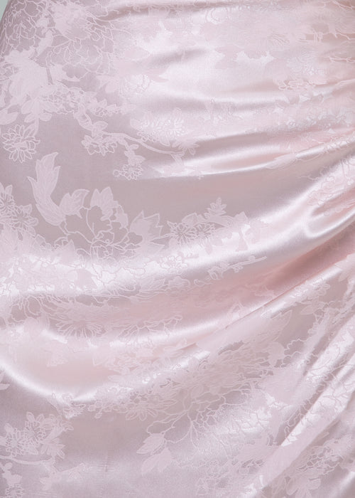 Women's Jacquard pink satin maxi dress with a side split and lace up black detail. 