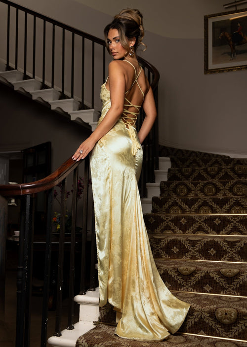 Worth Waiting For Cross Back Gown - Jacquard Yellow - Dressmezee