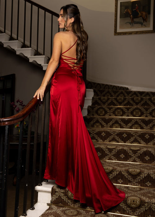 Worth Waiting For Red Satin Cross Back Gown | Side Split | Dressmezee Dressmezee Worth Waiting For Red Satin Cross Back Gown | Side Split | Dressmezee Dressmezee