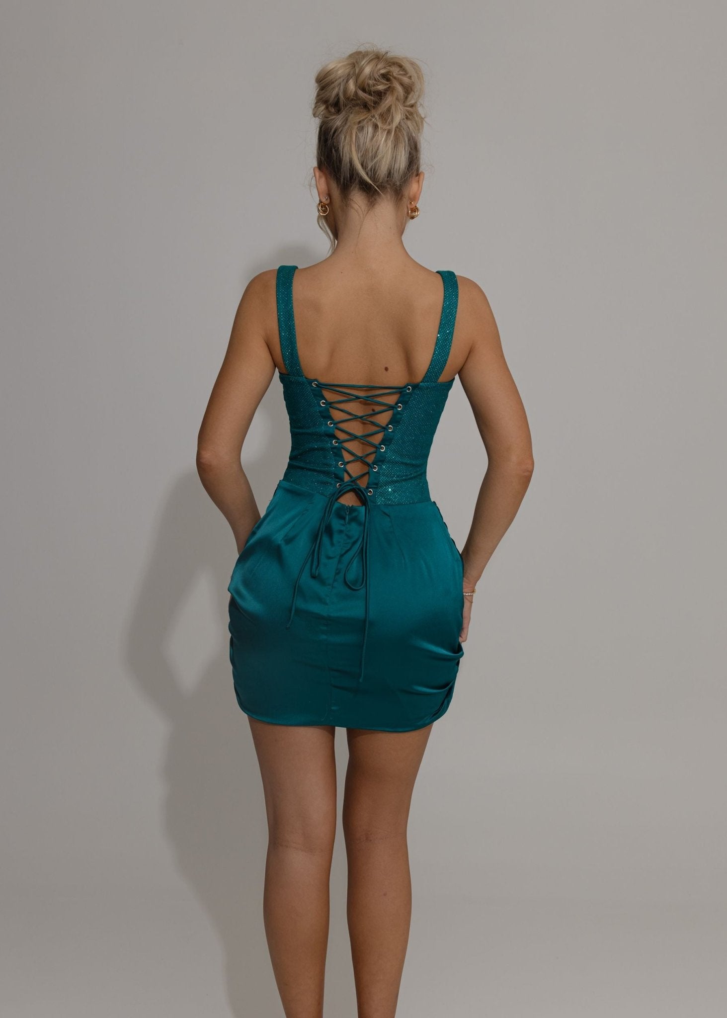 lace up mini dress in teal Dark Pine Long Puff Sleeve Lace Mini Dress