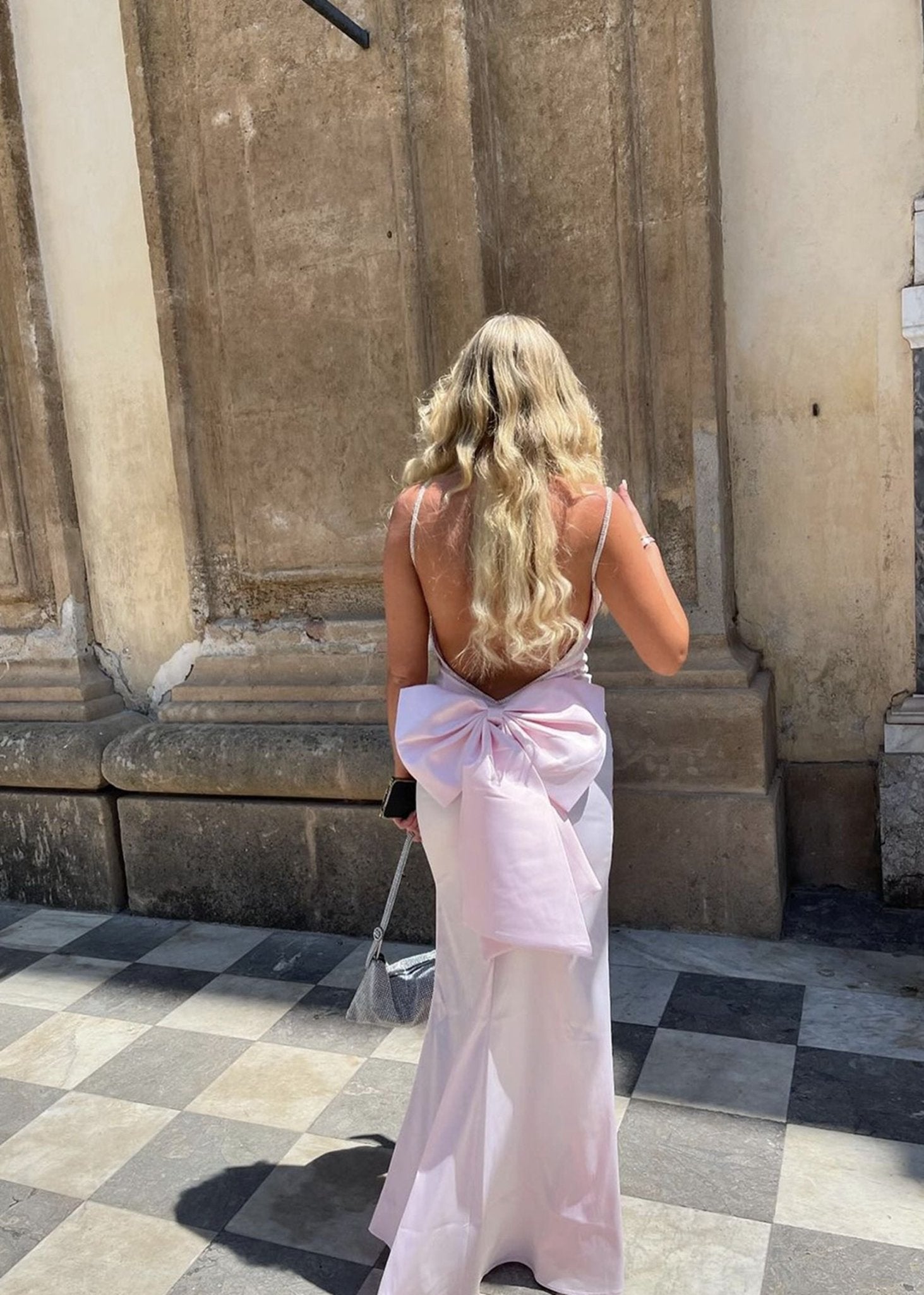 Pink Bow Satin Maxi Gown | Fishtail