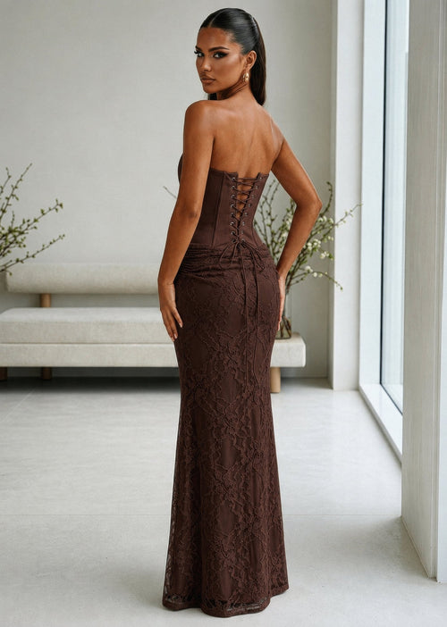 Delicate Desire Corset Lace Maxi Dress - Brown - Dressmezee