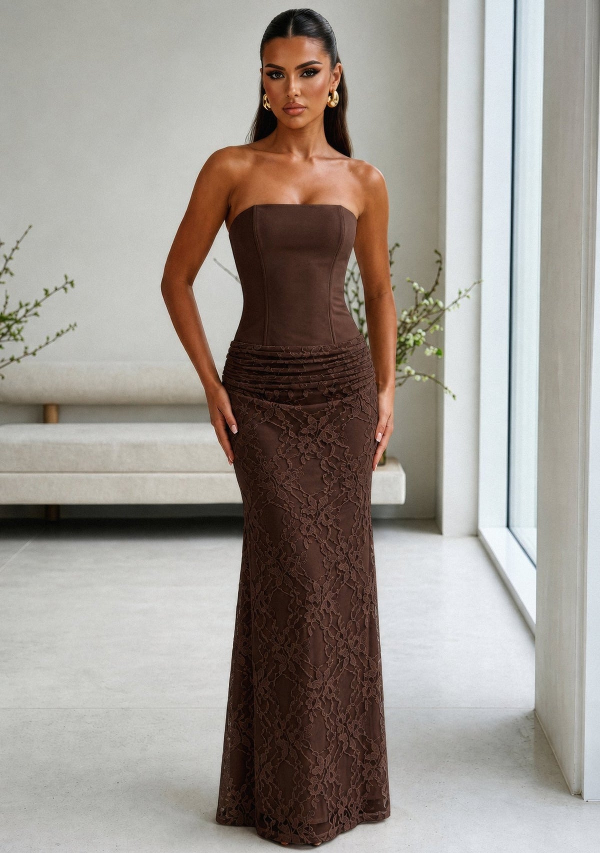 Delicate Desire Corset Lace Maxi Dress - Brown