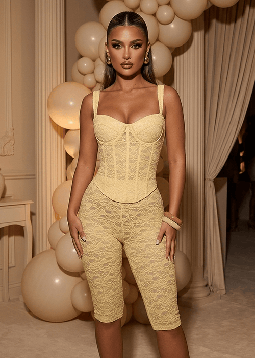 Time After Time Lace Capri Two Piece - Yellow - Dressmezee