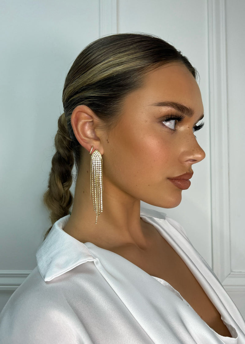Statement Diamante Fringe Earrings - Gold