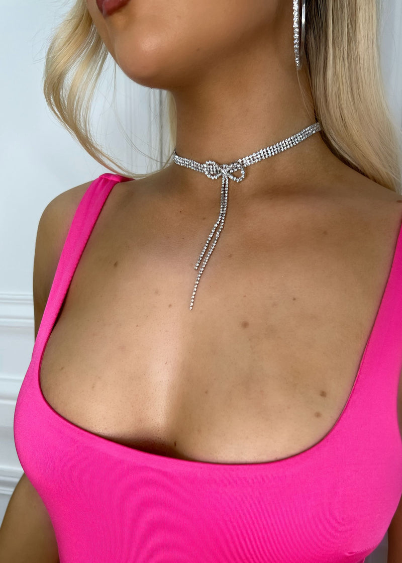 Diamante Bow Detail Choker Necklace - Silver