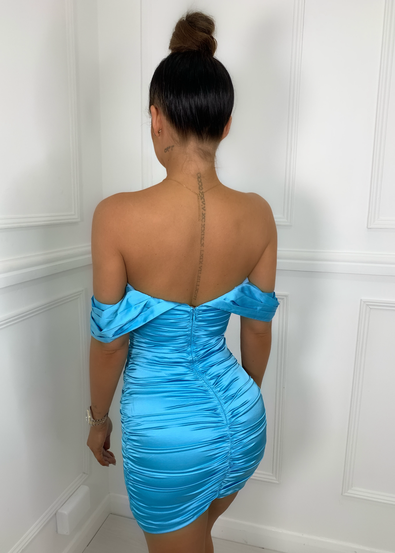 Francesca Off Shoulder Ruched Mini Dress - Aqua Blue