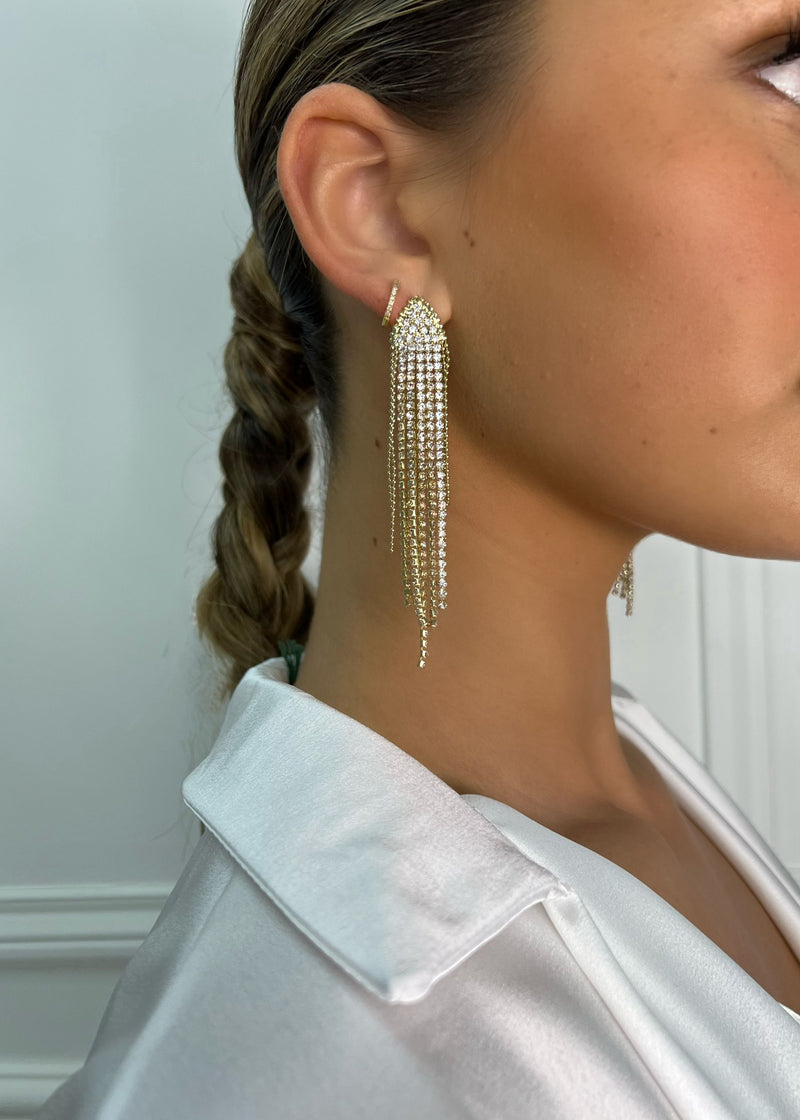 Statement Diamante Fringe Earrings - Gold